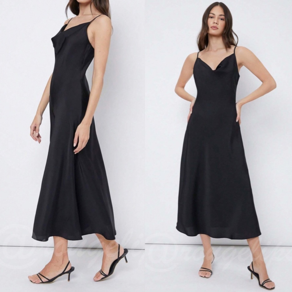 Black Satin Cami Dress Midi Adjustable Spaghetti Straps